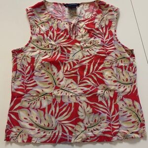 Exofficio Cotton Red and Cream Leaf Print Sleeveless Blouse